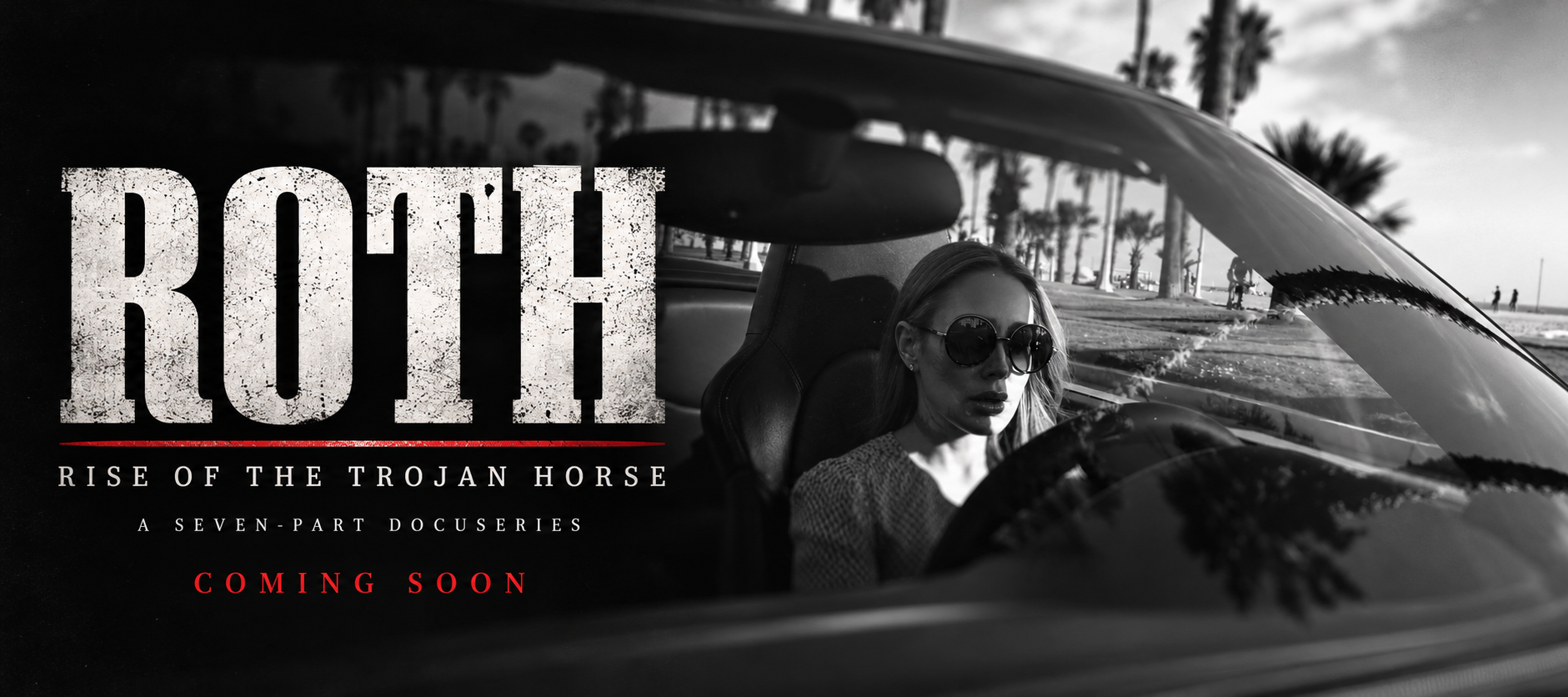 Aura driving a convertible beside a palm-lined coast, with the ROTH cover shaded dark.